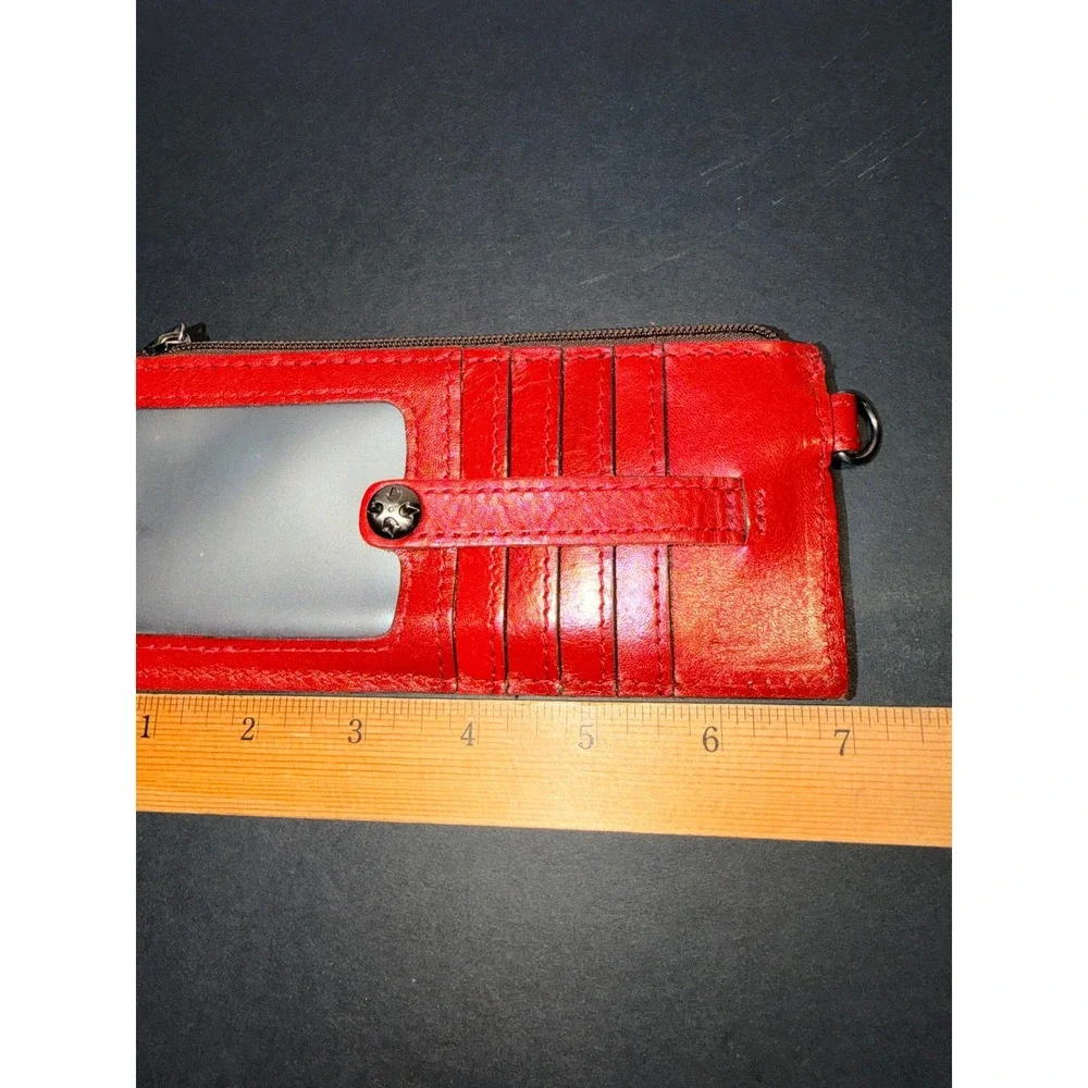 Patricia Nash Red Leather Slim Credit Card Case Wallet Zip ID Window